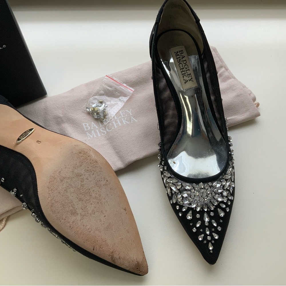 Badgley Mischka Onyx jeweled kitten heels